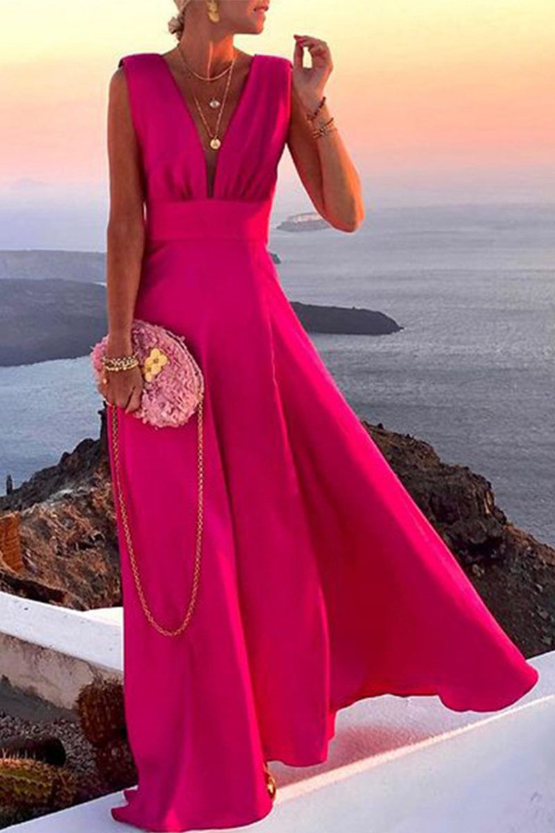 flowersverse Casual Solid Patchwork V Neck Cake Skirt Dresses