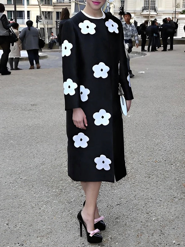 flowersverse Long Sleeves Loose Contrast Color Flower Print Round-Neck Outerwear Woolen Coat