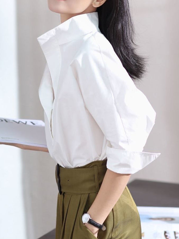 flowersverse Long Sleeves Loose Solid Color Lapel Collar Blouses&Shirts Tops