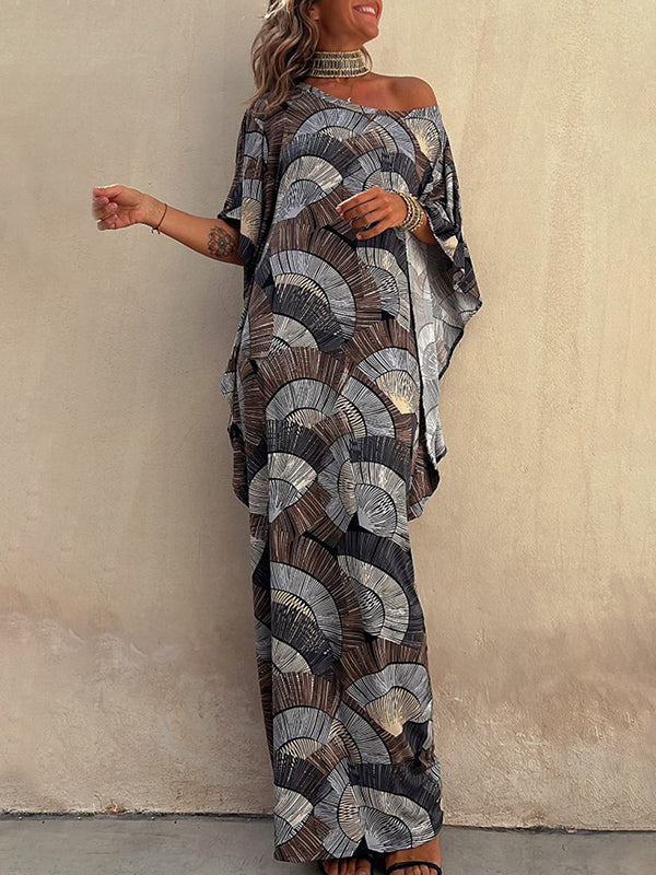 flowersverse Batwing Sleeves Contrast Color Pleated Printed Maxi Dresses