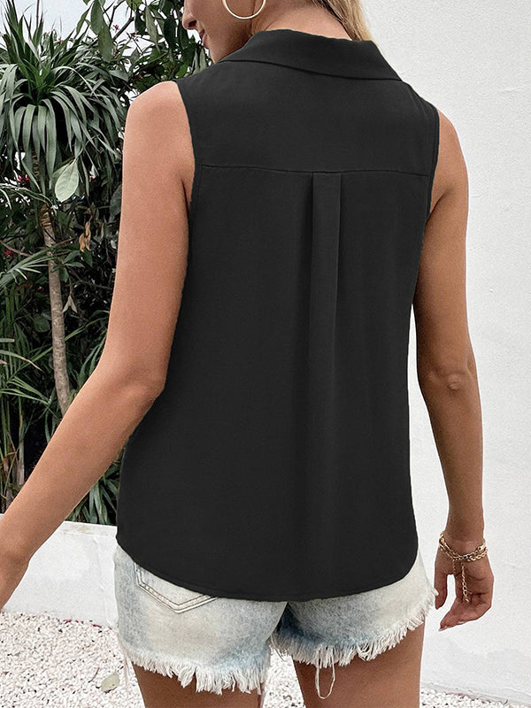 flowersverse Buttoned Solid Color Split-Joint Loose Sleeveless V-neck Vest Top