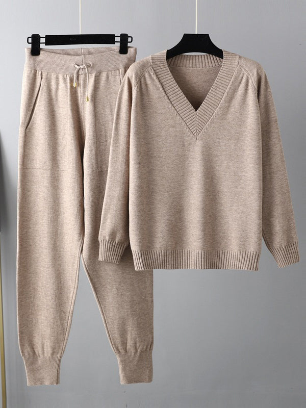 flowersverse Casual Loose Harem Pants Solid Color V-Neck Sweater Tops Pants Two Pieces Set