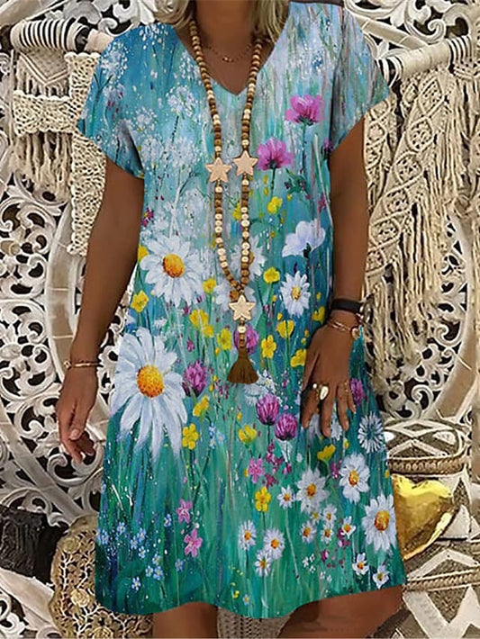 flowersverse Women‘s Shift Dress Midi Dress Green Short Sleeve Floral Print Spring Summer V Neck Casual S M L XL XXL 3XL