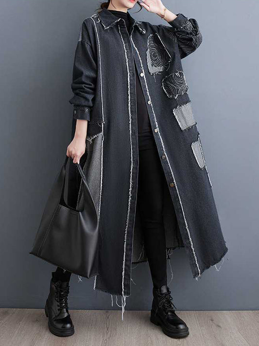 flowersverse Asymmetric Buttoned Fringed Split-Joint Long Sleeves Loose Lapel Trench Coats
