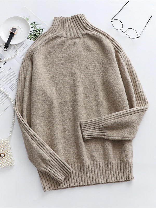 flowersverse Stylish Long Sleeves Loose Solid Color High-Neck Sweater Tops