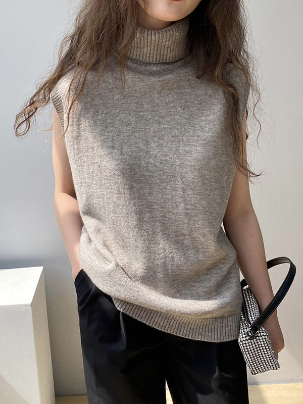 flowersverse Simple Loose Solid Color High-Neck Knitting Vest Top