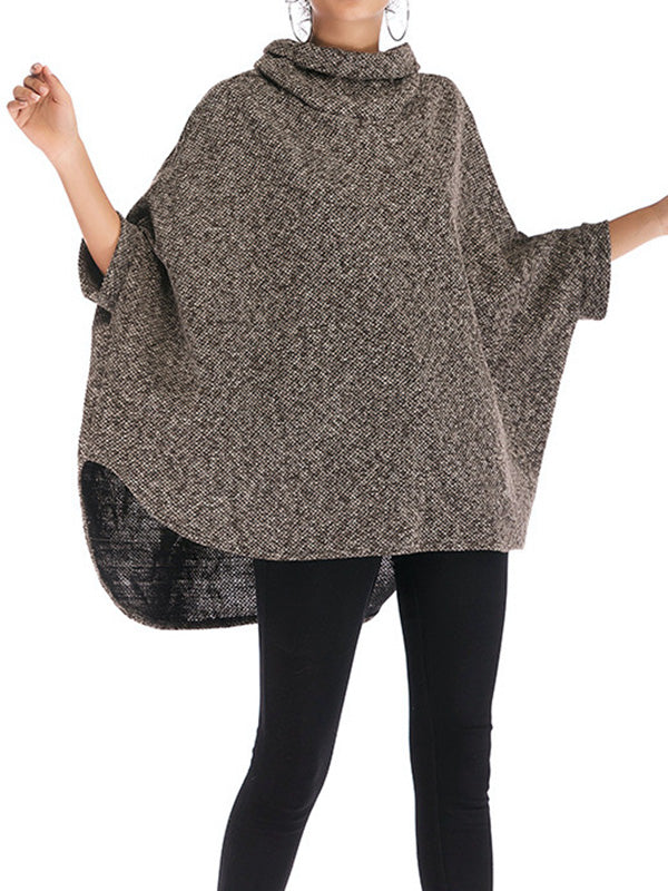 flowersverse Solid Color Batwing Sleeves High-Low High Neck Sweater Tops Pullovers Knitwear