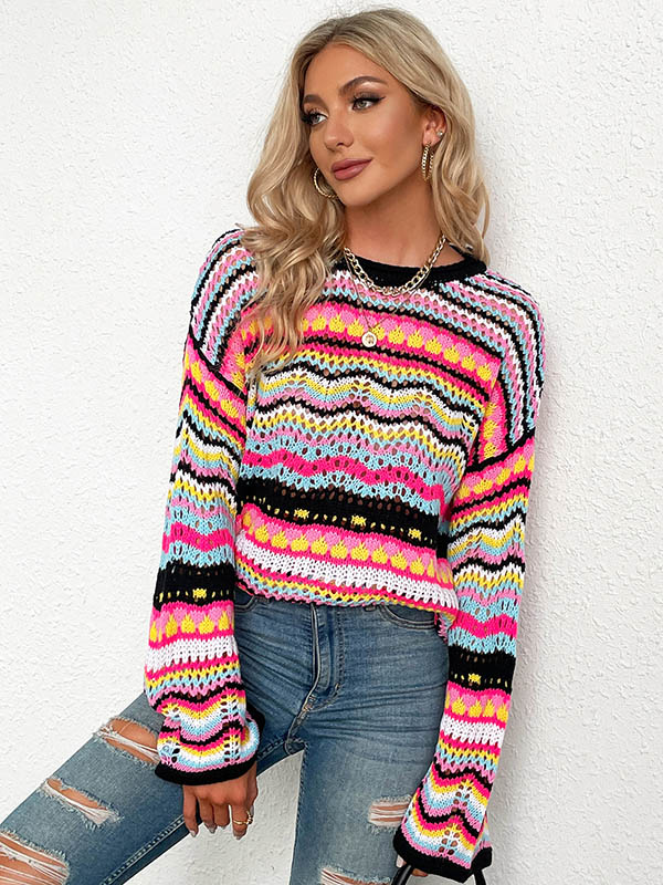 flowersverse 4 Colors Loose Contrast Color Round-Neck Sweater Top