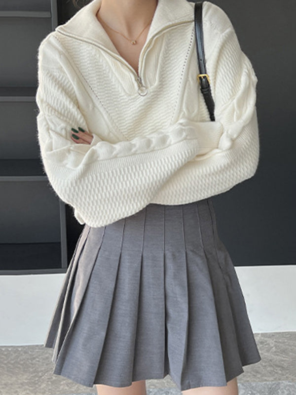 flowersverse Simple Batwing Sleeves Long Sleeves Jacquard Solid Color Lapel Collar Sweater Tops