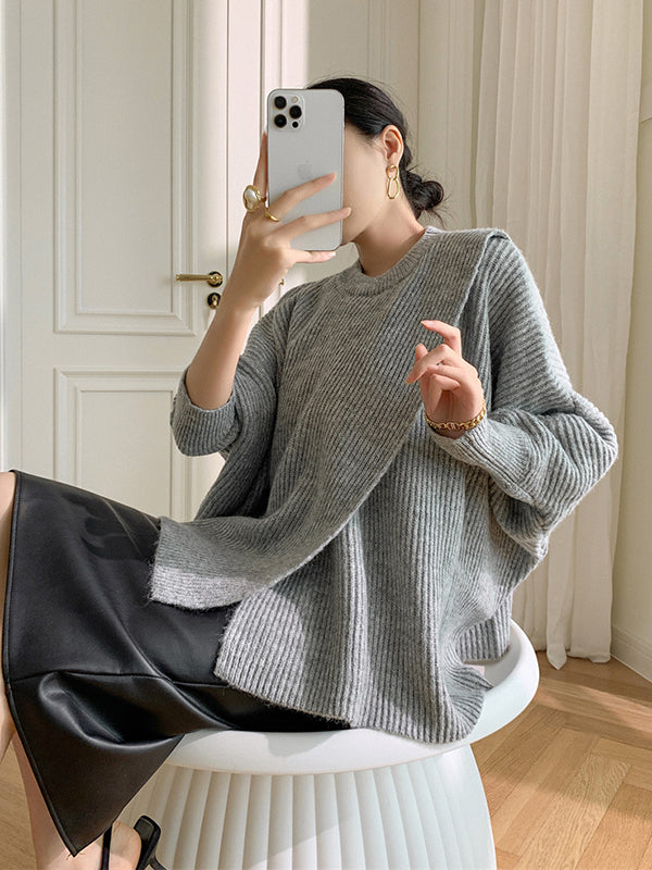 flowersverse Irregularity Loose Solid Color Batwing Sleeves Round-Neck Sweater Tops