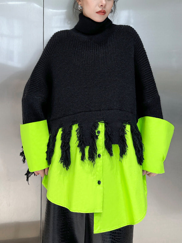 flowersverse Asymmetric Fringed Split-Joint A-Line Long Sleeves High Neck Sweater Tops Pullovers Knitwear