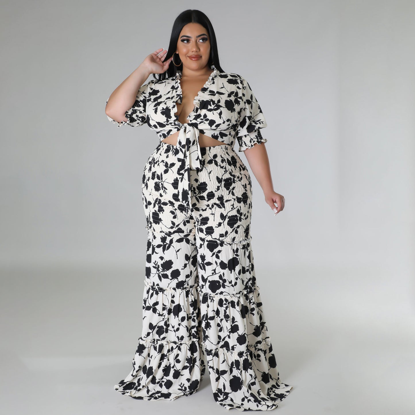 flowersverse Women's Lace-Up Printed Two-Piece Suit Wide Leg Pants Plus Size