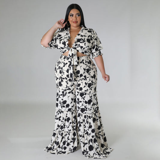 flowersverse Women's Lace-Up Printed Two-Piece Suit Wide Leg Pants Plus Size