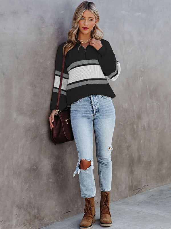 flowersverse Stylish Loose Solid Color& Contrast Color Striped Lapel Collar Sweater Tops