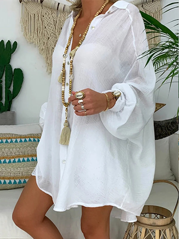 flowersverse Vintage Long Sleeves Buttoned See-Through Solid Color Lapel Blouses&Shirts Tops