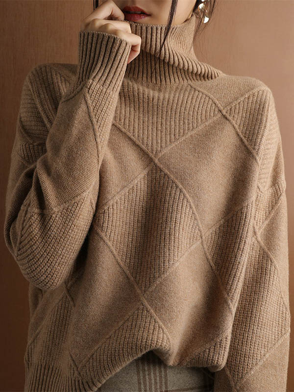 flowersverse Casual Loose Solid Color Striped High-Neck Long Sleeves Sweater Tops