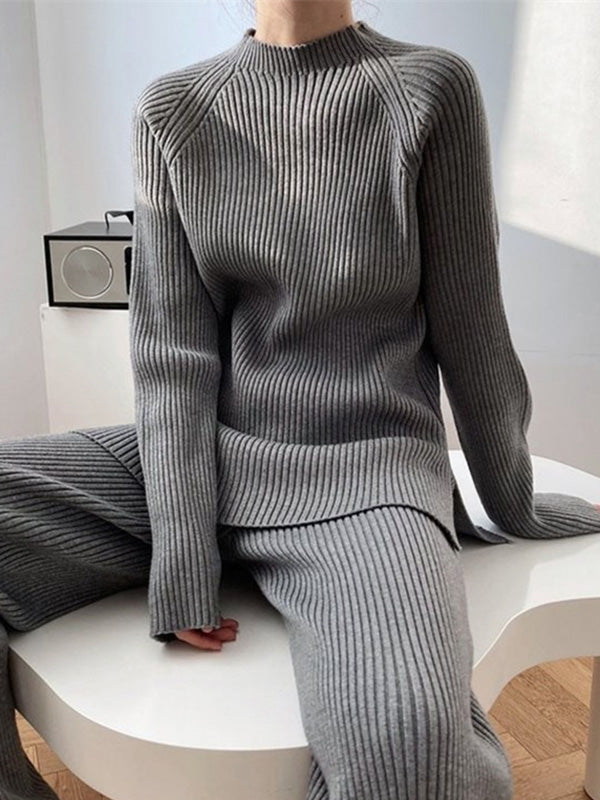 flowersverse Urban Loose Solid Round-Neck Split-Side Sweater& Wide Leg Pants Suits