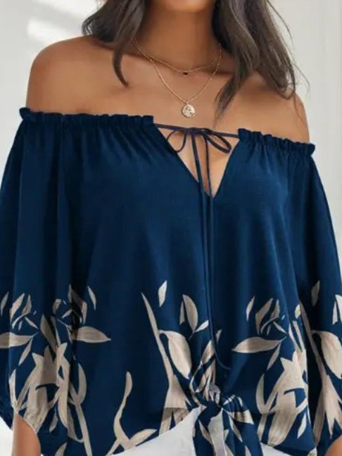 flowersverse Casual Loose Long Sleeves Drawstring Floral Printed Off-The-Shoulder Blouses&Shirts Tops