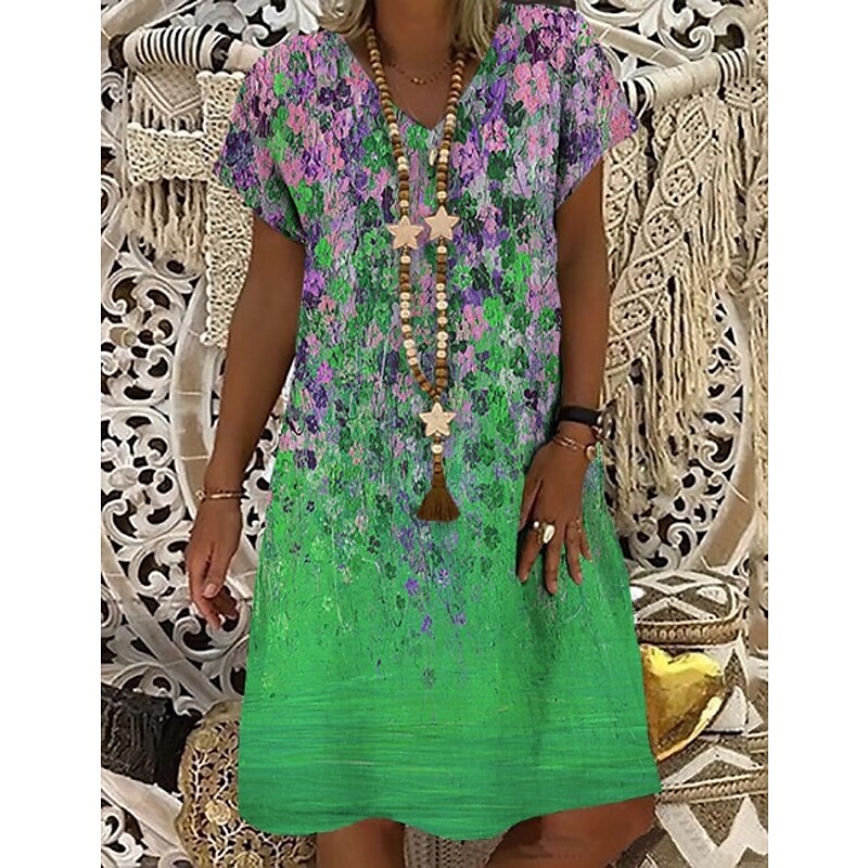 flowersverse Women's Shift Dress Midi Dress Blue Green Light Blue Short Sleeve Floral Print Spring Summer V Neck Casual S M L XL XXL 3XL
