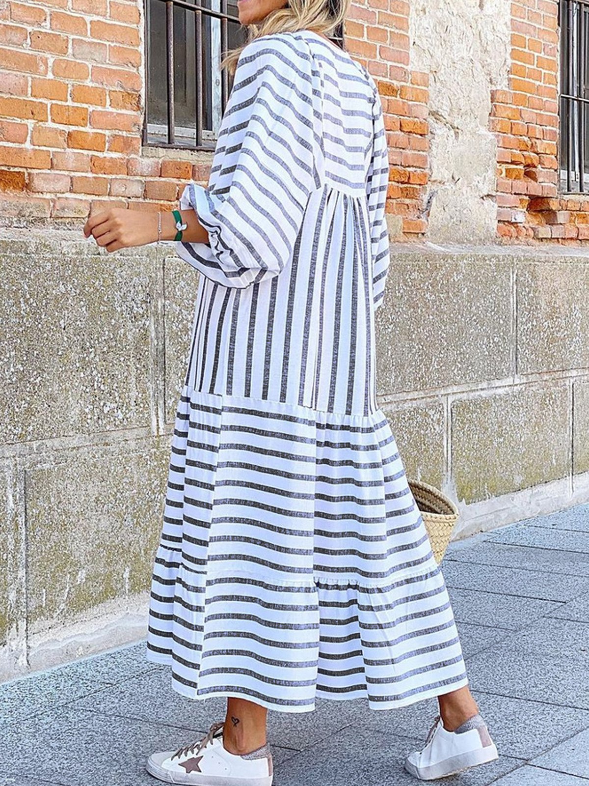 flowersverse Casual Bateau/Boat Neck Long Sleeve Weaving Dress
