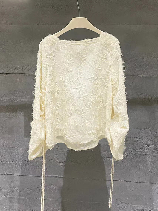 flowersverse Drawstring Fringed Solid Color Flared Sleeves Long Sleeves Square-Neck Blouses&Shirts Tops