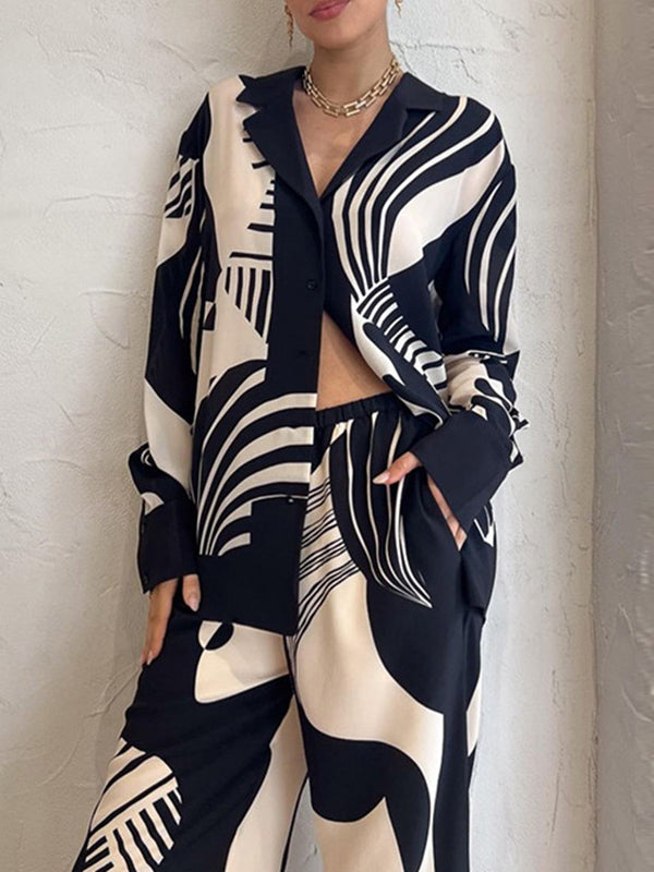 flowersverse Long Sleeves Loose Contrast Color Pockets Printed Blouses&Pants Suits