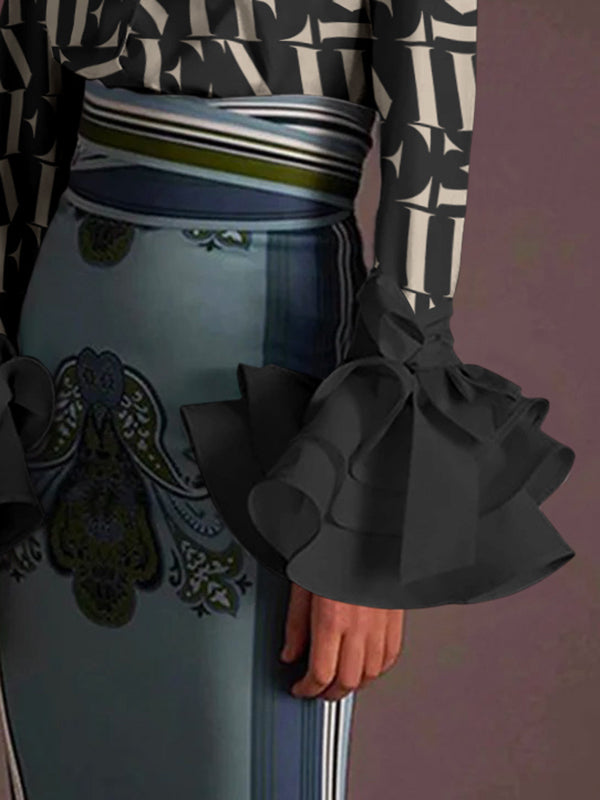 flowersverse Flared Sleeves Long Sleeves Buttoned Letter Print Lapel Blouses&Shirts Tops