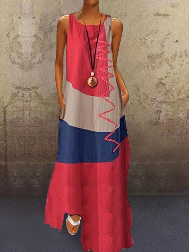 flowersverse Women's A-Line Dress Maxi long Dress - Sleeveless Color Block Patchwork Summer Plus Size Casual Holiday Vacation White Red Khaki Dusty Blue S M L XL XXL XXXL XXXXL XXXXXL