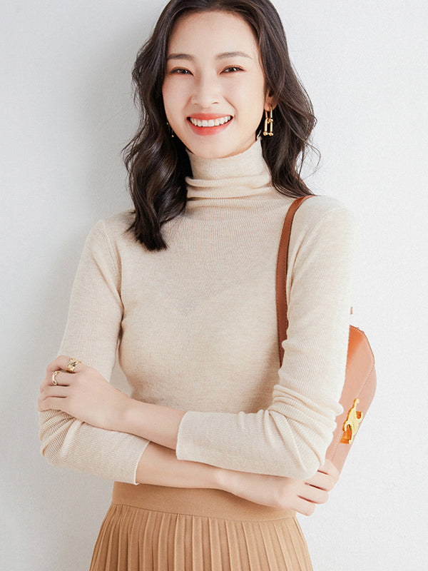 flowersverse Simple Skinny Long Sleeves Solid Color High-Neck Sweater Tops Pullovers