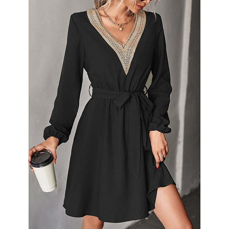 flowersverse Women's Work Dress Black Dress Semi Formal Dress Fashion Mini Dress Lace V Neck Long Sleeve Color Block Loose Fit Black Dark Green Fall Spring S M L XL