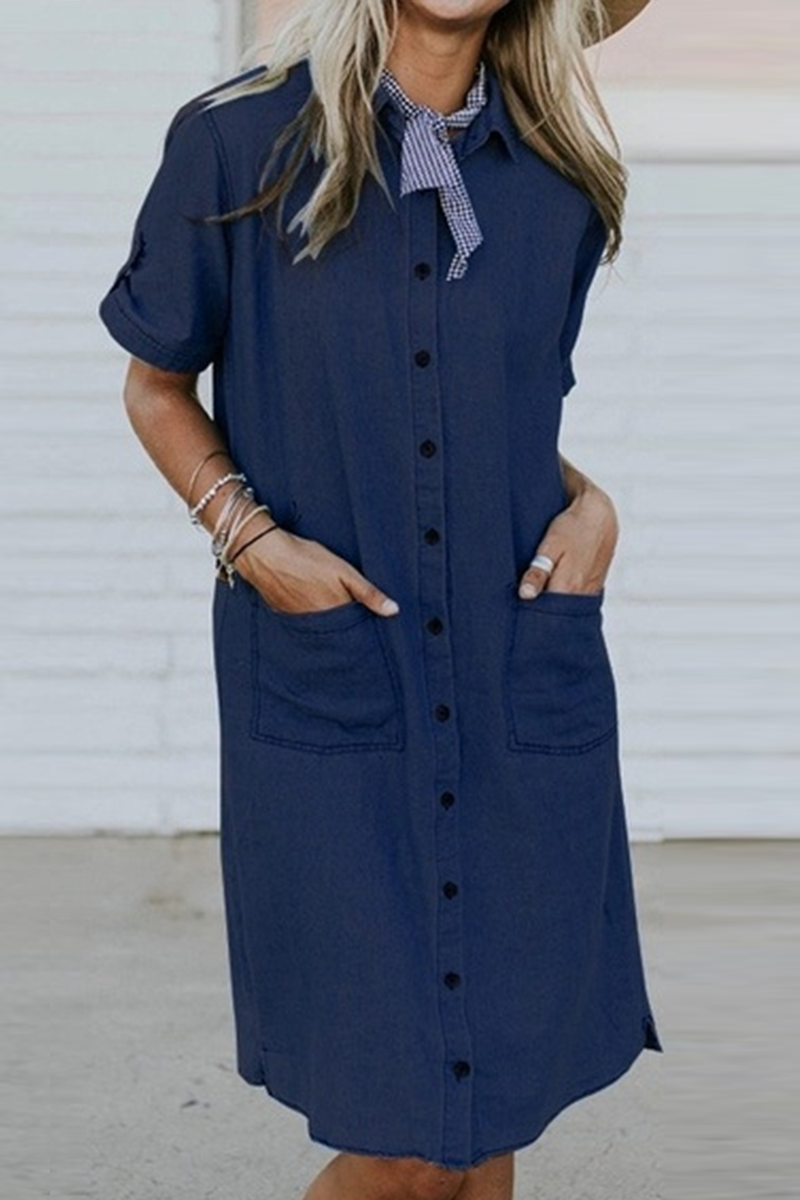 flowersverse Casual Pocket Buckle Turndown Collar Dresses