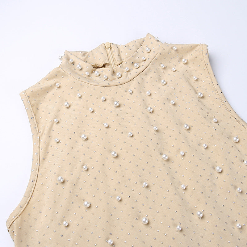 flowersverse Half-High Collar Mesh Beaded Slim Sexy Bodycon Dress