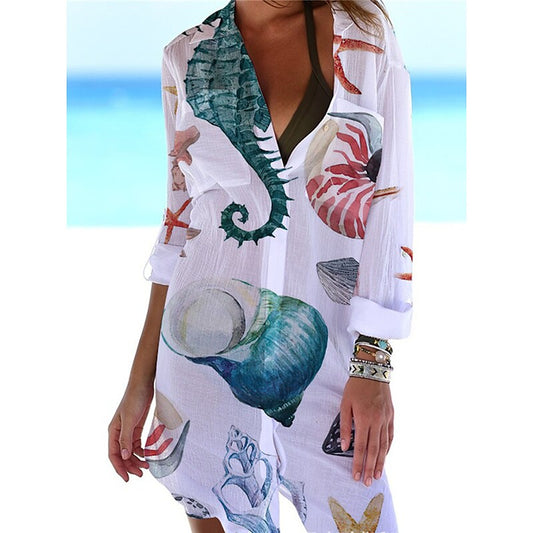 flowersverse Women's Shirt Dress Cover Up Beach Wear Mini Dress Pocket Print Fashion Casual Fish Turndown 3/4 Length Sleeve Loose Fit Outdoor Daily White Blue Spring Summer S M L XL