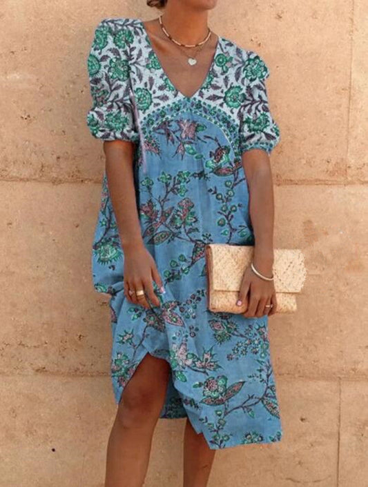 flowersverse Plus Size Vintage Boho Holiday Casual Half Sleeve Shift Casual Dresses