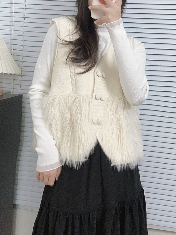 flowersverse Buttoned Solid Color Split-Joint Loose Sleeveless V-Neck Vest Outerwear