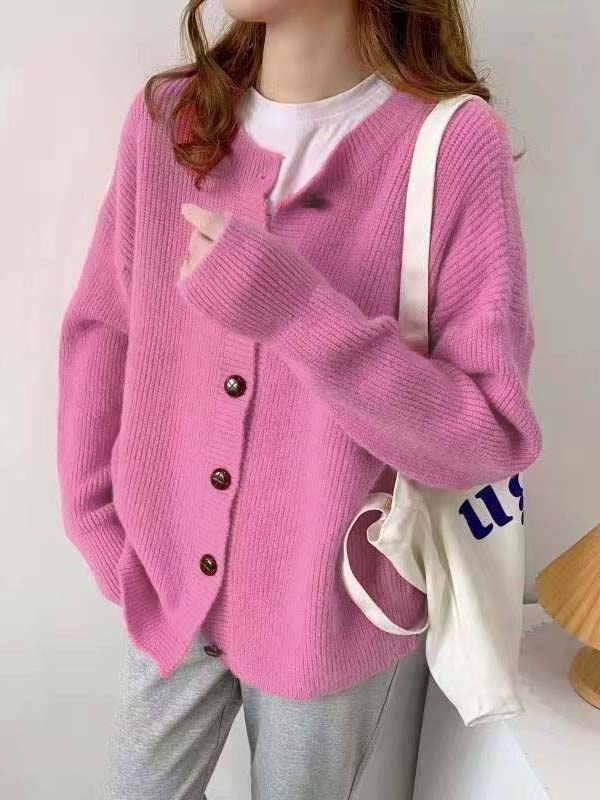 flowersverse Simple Long Sleeves Loose Buttoned Solid Color Round-Neck Cardigan Tops