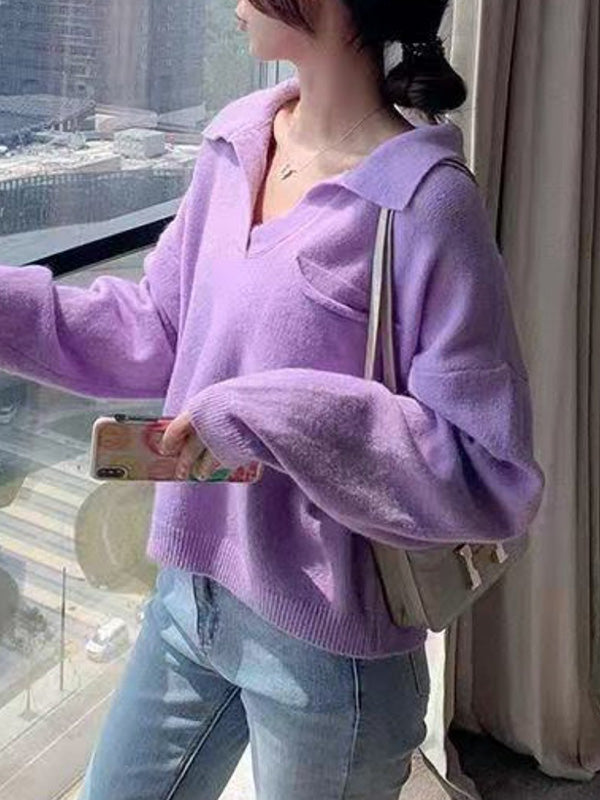 flowersverse Casual Simple 6 Colors V-Neck Long Sleeves Sweater Top