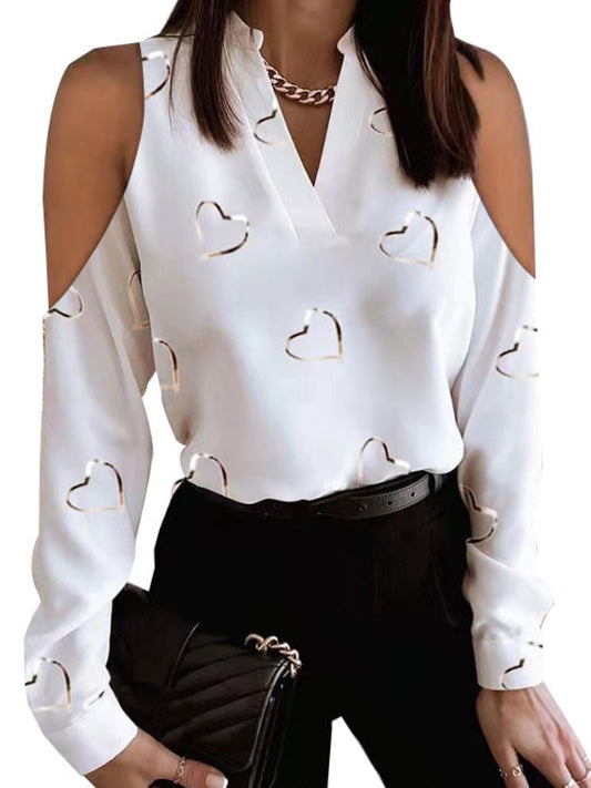 flowersverse Original Loving Heart Printed Loose Long Sleeves Hollow V-Neck Blouses&Shirts Tops