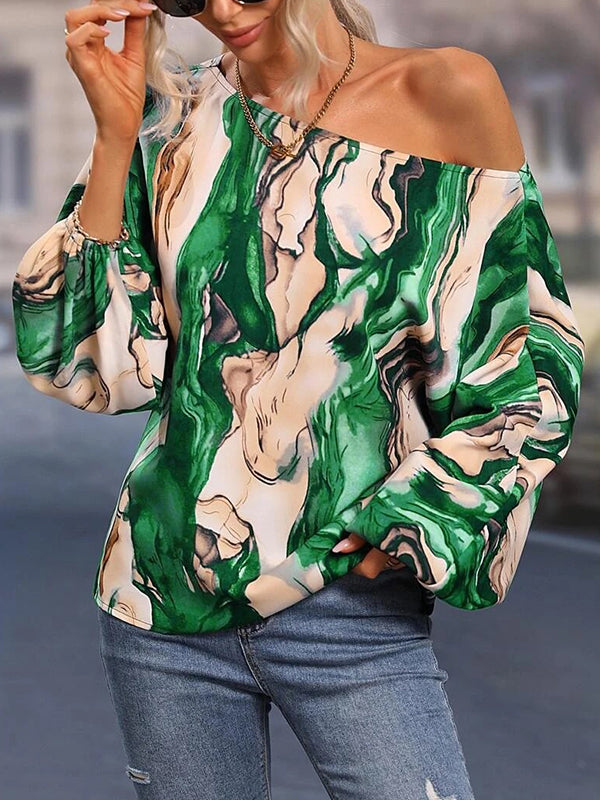 flowersverse Asymmetric Printed Long Sleeves Loose One-Shoulder Blouses&Shirts Tops