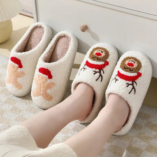 flowersverse Christmas Home Slippers Cute Cartoon Santa Claus Cotton Slippers For Women And Men Couples Winter Warm Furry Shoes