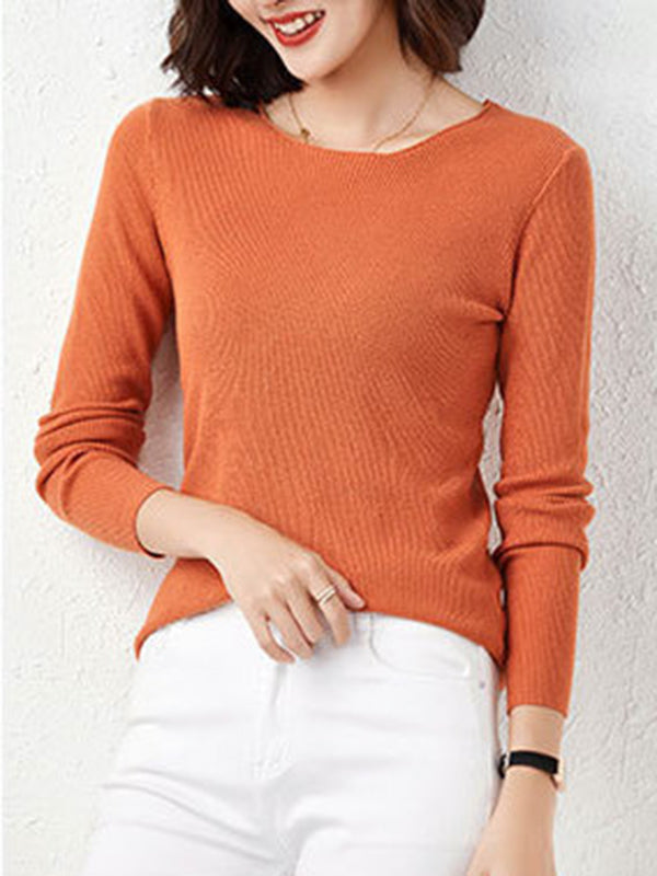 flowersverse Solid Color Long Sleeves Skinny Round-Neck Sweater Tops Pullovers Knitwear