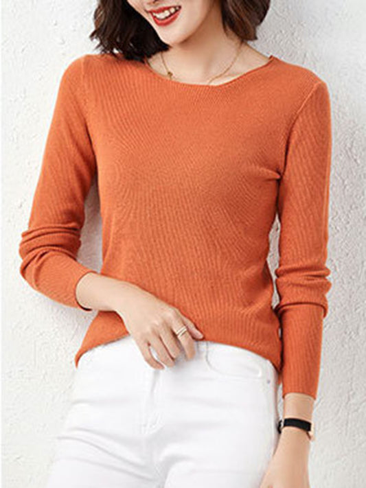 flowersverse Solid Color Long Sleeves Skinny Round-Neck Sweater Tops Pullovers Knitwear