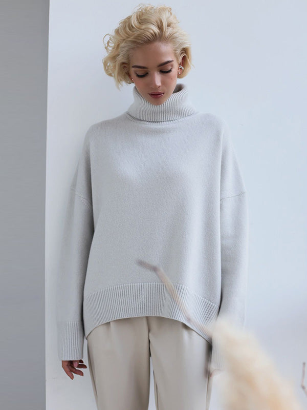 flowersverse Casual Long Sleeves Loose Solid Color High-Neck Sweater Tops