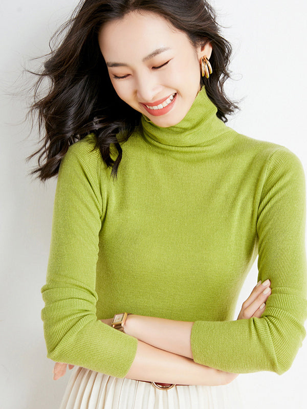 flowersverse Simple Skinny Long Sleeves Solid Color High-Neck Sweater Tops Pullovers