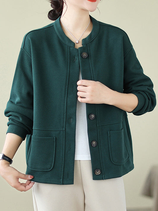 flowersverse Buttoned Keep Warm Pockets Velvet Long Sleeves Loose Round-neck Outerwear