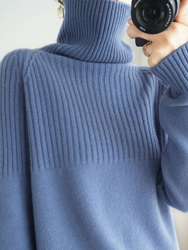 flowersverse Casual Long Sleeves Loose Solid Color High-Neck Sweater Tops