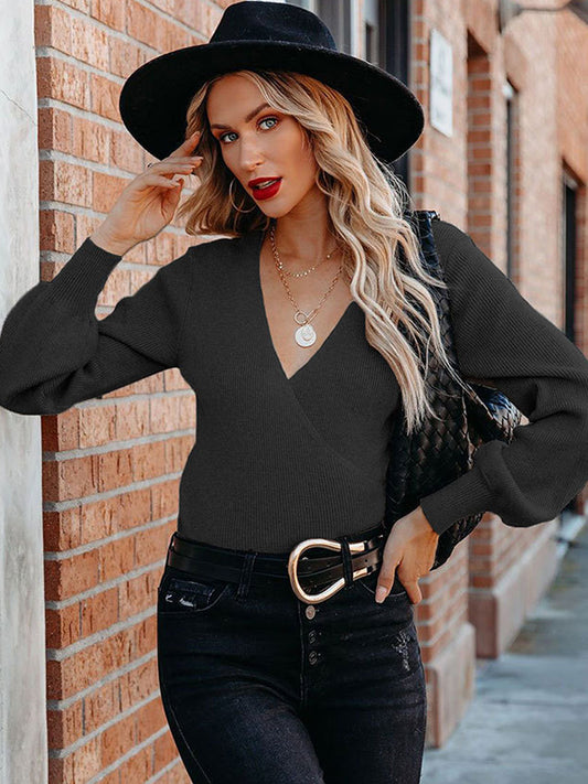 flowersverse Casual Long Sleeves Solid Color V-Neck Sweater Tops