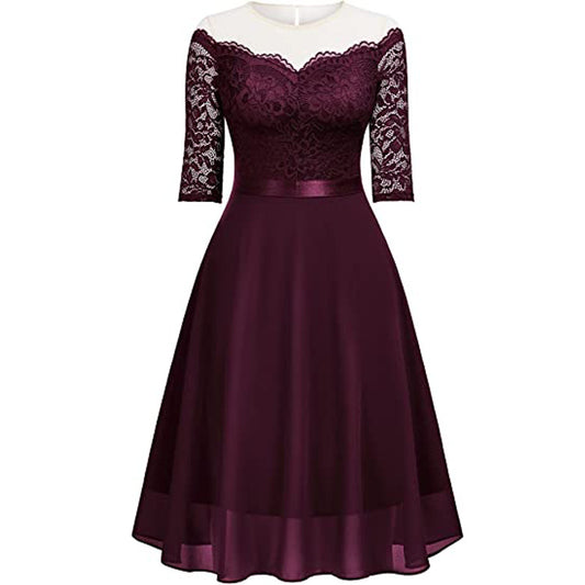 flowersverse Elegant Evening Dress Off Shoulder Sexy Half-Sleeve Lace Patchwork Chiffon Dress