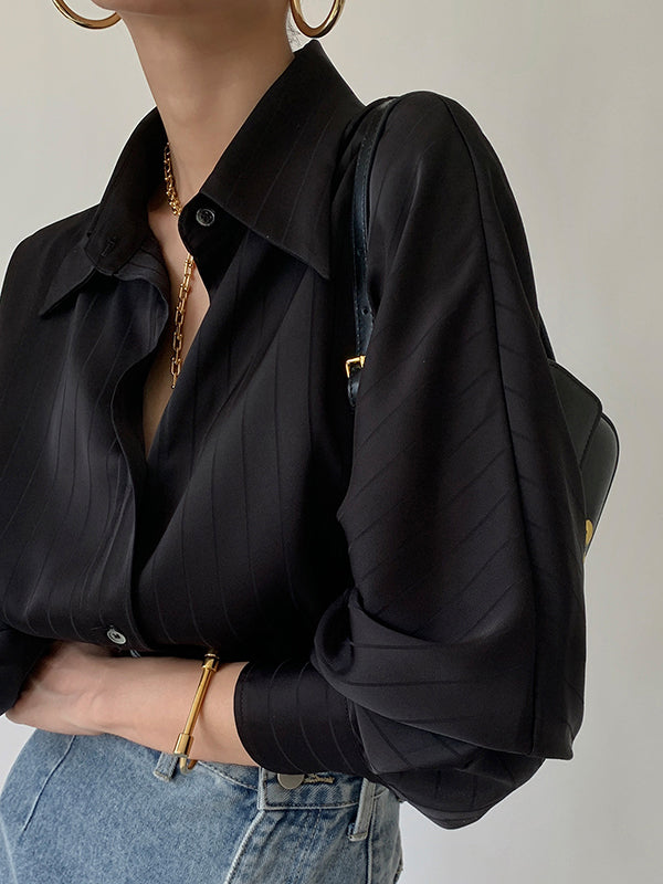 flowersverse Solid Color Striped Long Sleeves Loose Lapel Blouses&shirts Tops