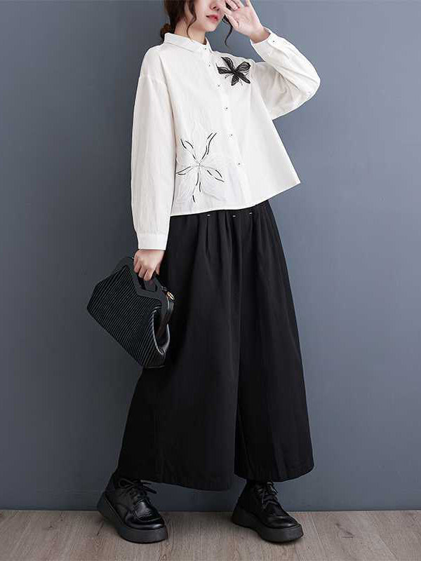 flowersverse Applique Buttoned Embroidered Long Sleeves Loose Lapel Blouses&Shirts Tops